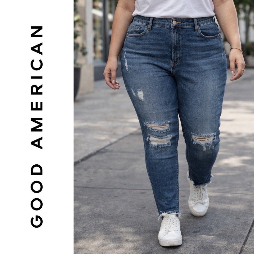 NWT Good American, Good Waist Distressed Skinny Jeans Blue Plus Size 20 GWRH103T